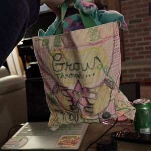 Artistic Floral Tote Bag with Green Handles